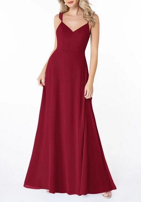 Burgundy Flowy Ruched V- Neck Chiffon Gown