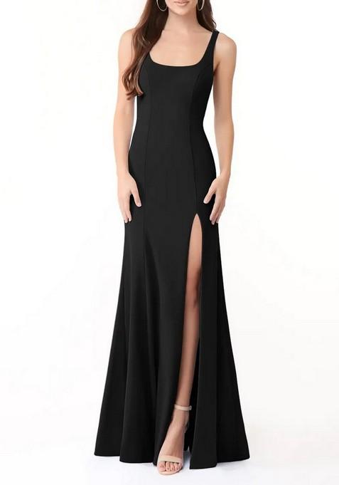 Black Fitted Side Slit Square Neck Lycra Gown