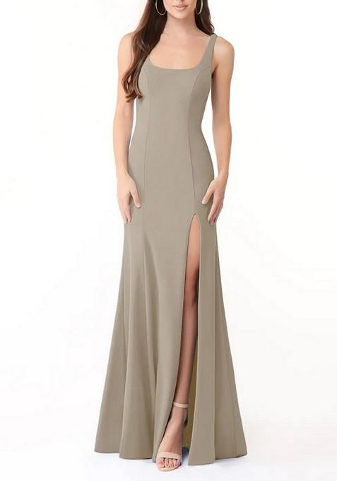 Grey Fitted Side Slit Square Neck Lycra Gown