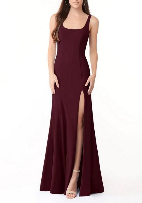 Purple Fitted Side Slit Square Neck Lycra Gown