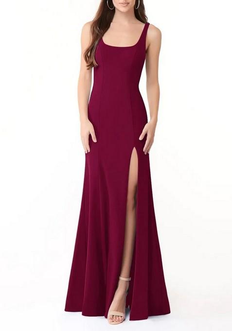 Burgundy Fitted Side Slit Square Neck Lycra Gown