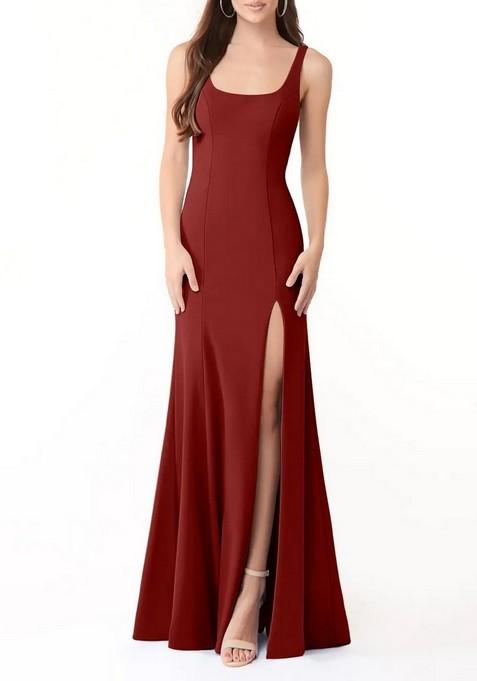 Brown Fitted Side Slit Square Neck Lycra Gown