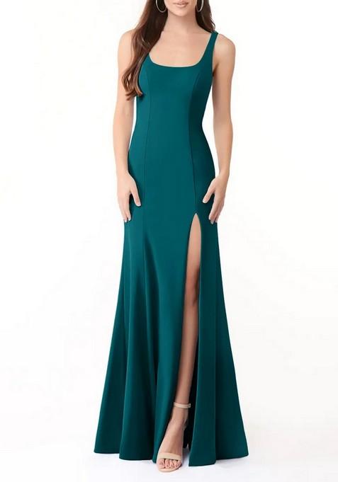 Peacock Fitted Side Slit Square Neck Lycra Gown