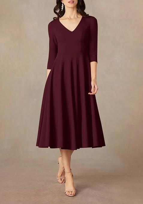 Wine A-Line V-Neck Lycra Dress