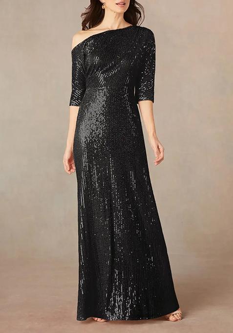 Black A-Line Asymmetrical Neckline Stretchable Sequin Mesh Gown