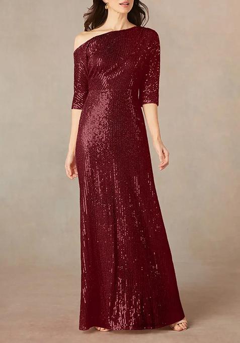 Burgundy A-Line Asymmetrical Neckline Stretchable Sequin Mesh Gown