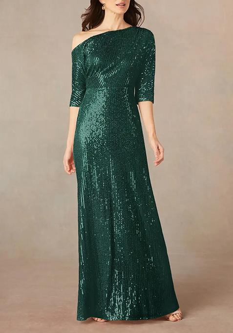 Dark Green A-Line Asymmetrical Neckline Stretchable Sequin Mesh Gown