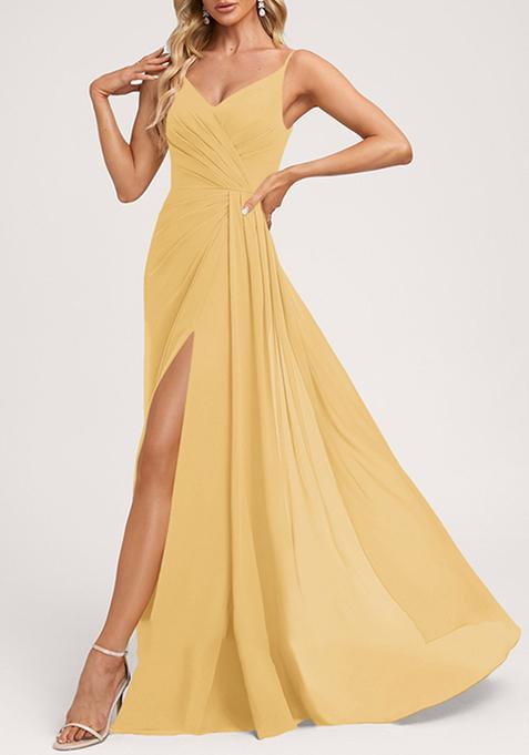 Papaya Orange A-line V-Neck Floor-Length Georgette Gown