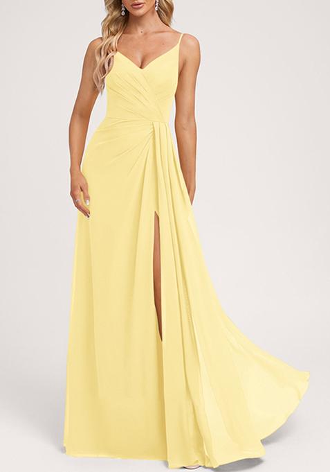 Yellow A-line V-Neck Floor-Length Georgette Gown