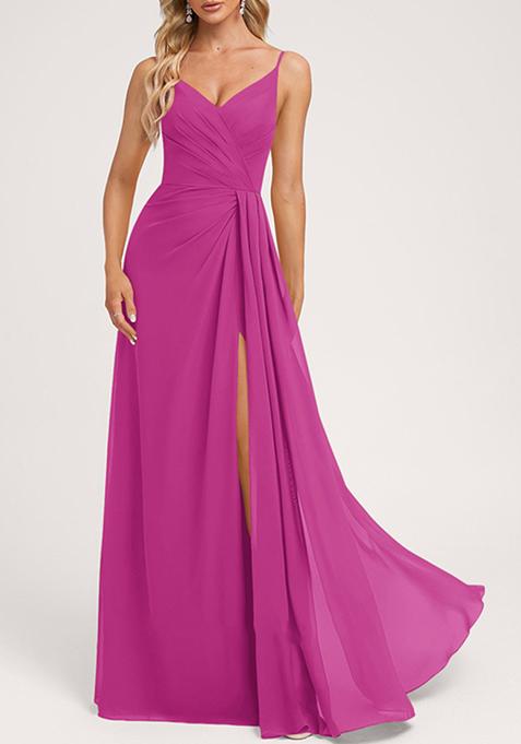 Fuchsia A-line V-Neck Floor-Length Georgette Gown