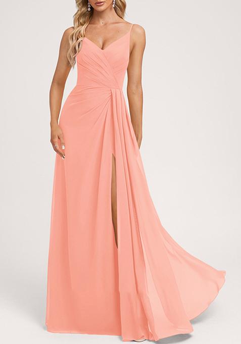 Coral A-line V-Neck Floor-Length Georgette Gown