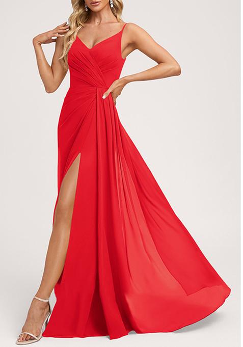 Red A-line V-Neck Floor-Length Georgette Gown