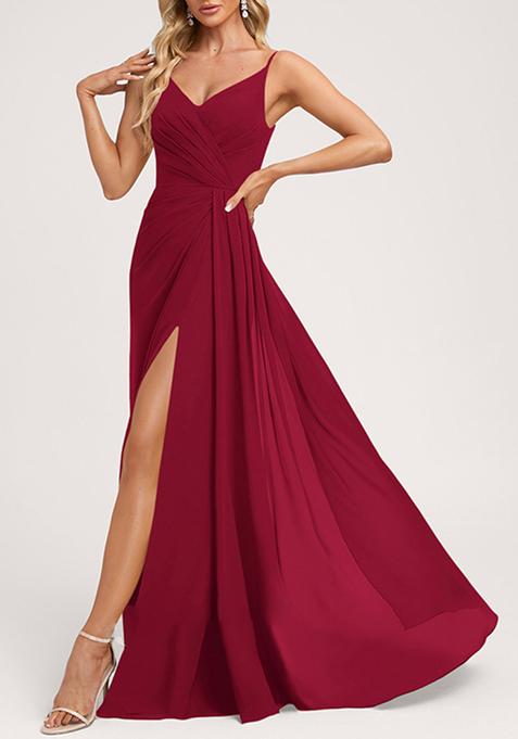 Burgundy A-line V-Neck Floor-Length Georgette Gown