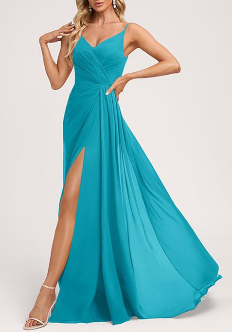 Blue A-line V-Neck Floor-Length Georgette Gown