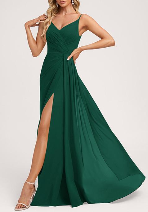 Dark Green A-line V-Neck Floor-Length Georgette Gown