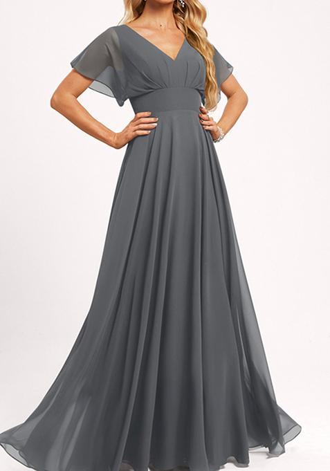 Steel Grey A-line V-Neck Floor-Length Georgette Gown