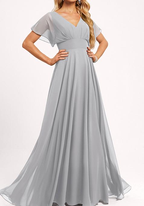 Silver A-line V-Neck Floor-Length Georgette Gown