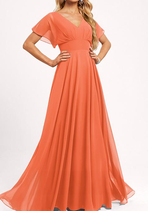 Papaya Orange A-line V-Neck Floor-Length Georgette Gown