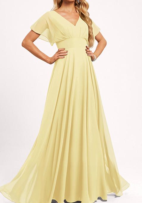 Yellow A-line V-Neck Floor-Length Georgette Gown