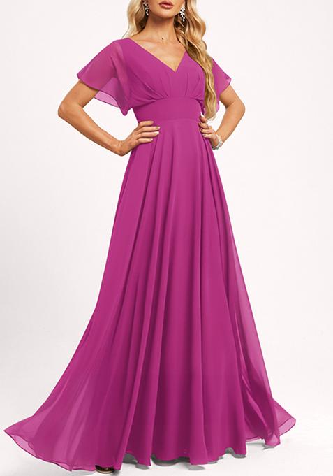 Fuchsia A-line V-Neck Floor-Length Georgette Gown