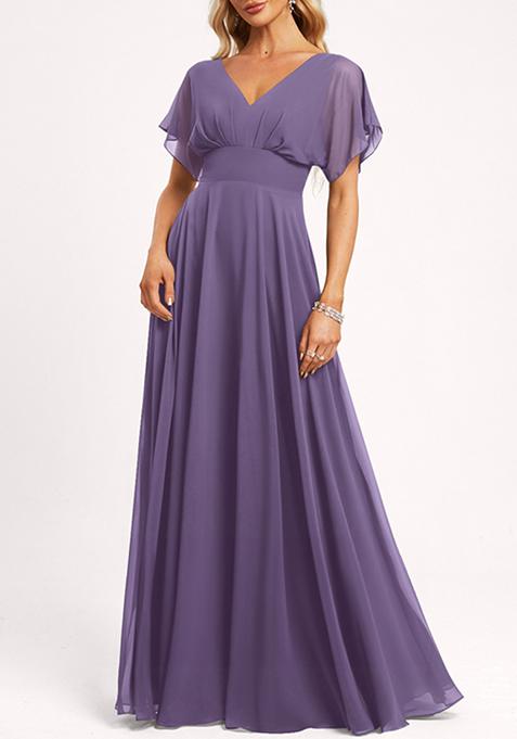 Lavender A-line V-Neck Floor-Length Georgette Gown