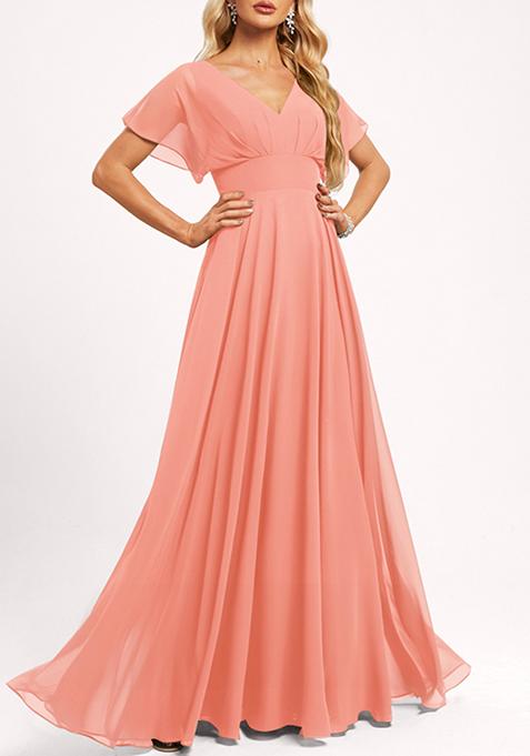 Coral A-line V-Neck Floor-Length Georgette Gown