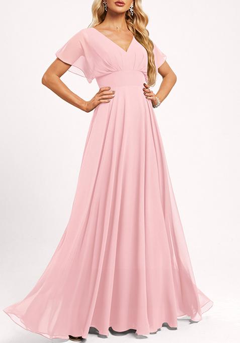 Petal Pink A-line V-Neck Floor-Length Georgette Gown