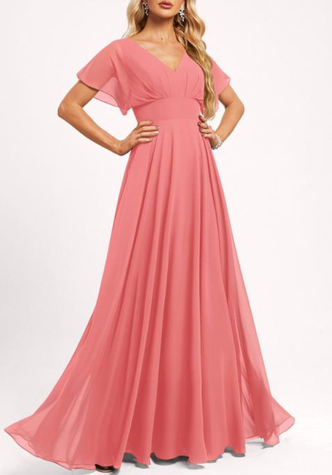 Watermelon Red A-line V-Neck Floor-Length Georgette Gown