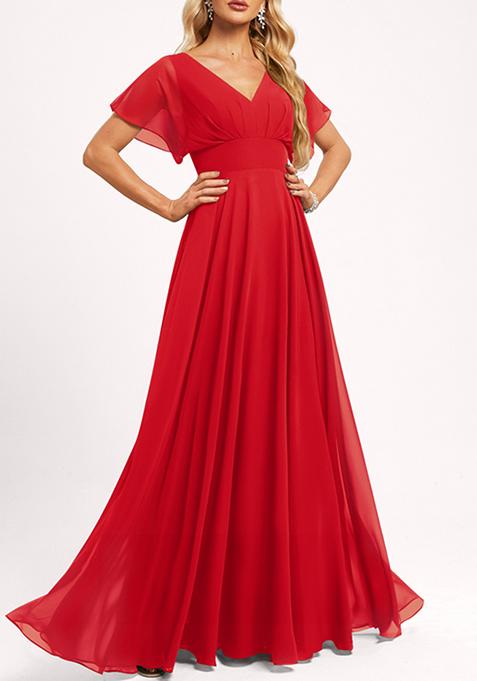 Red A-line V-Neck Floor-Length Georgette Gown