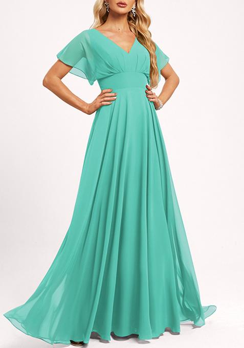 Spa Blue A-line V-Neck Floor-Length Georgette Gown