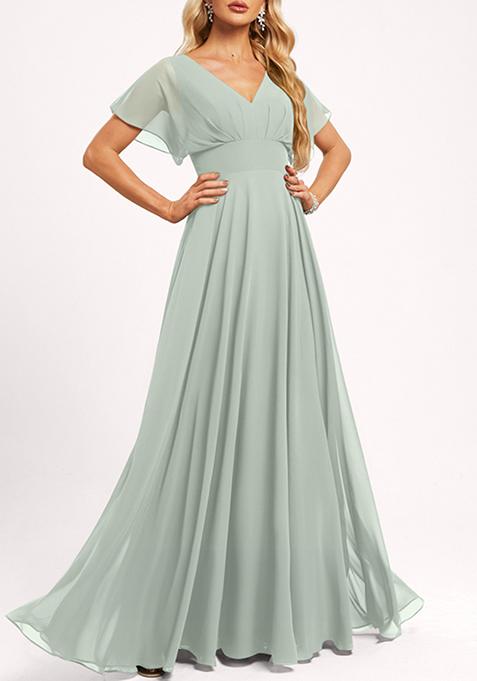 Green A-line V-Neck Floor-Length Georgette Gown