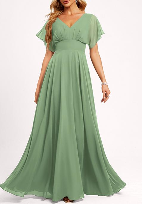 Basil Green A-line V-Neck Floor-Length Georgette Gown