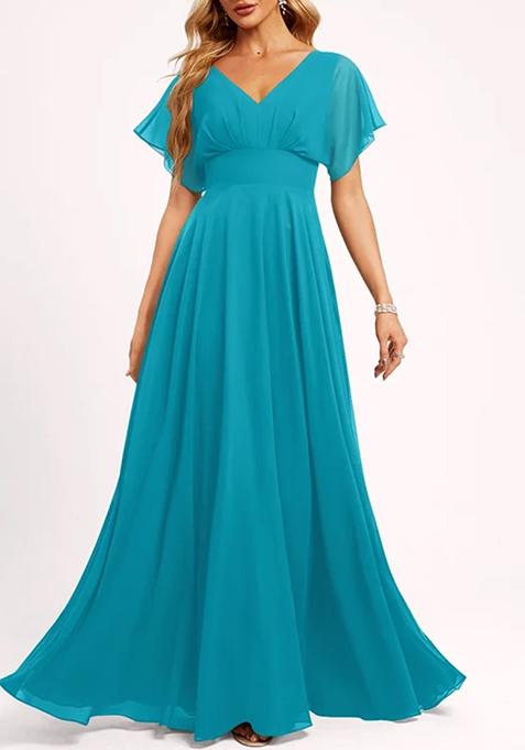 Blue A-line V-Neck Floor-Length Georgette Gown