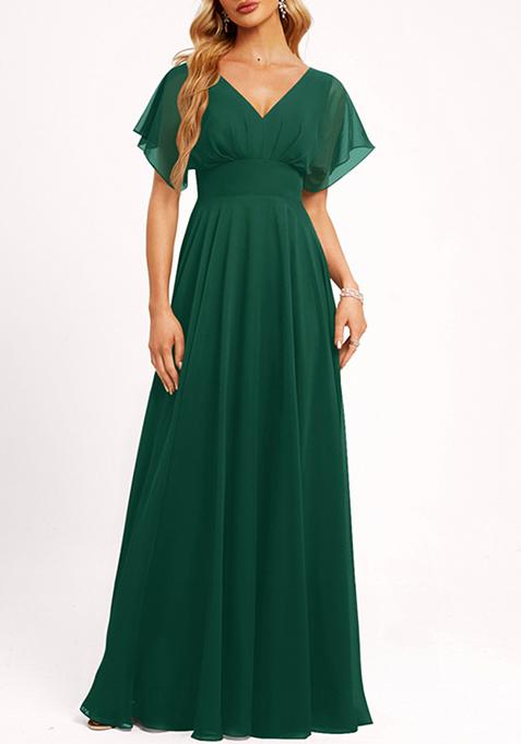 Dark Green A-line V-Neck Floor-Length Georgette Gown