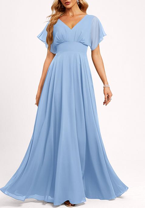 Light Blue A-line V-Neck Floor-Length Georgette Gown