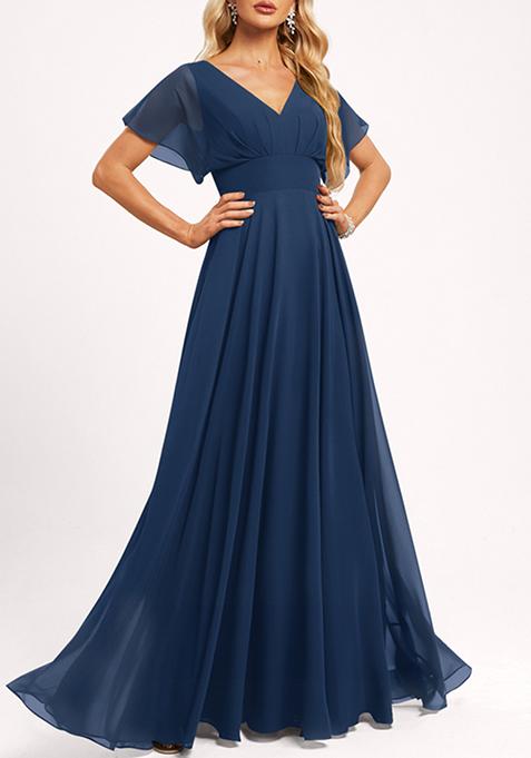 Dark Navy A-line V-Neck Floor-Length Georgette Gown