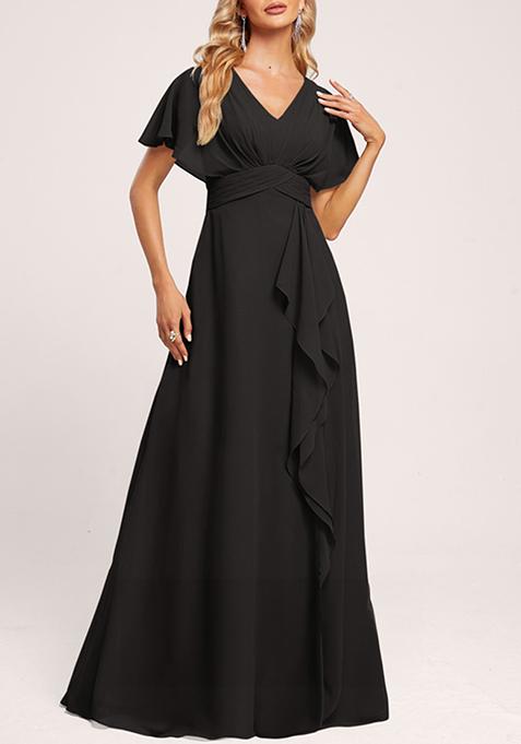 Black A-line V-Neck Floor-Length Georgette Gown