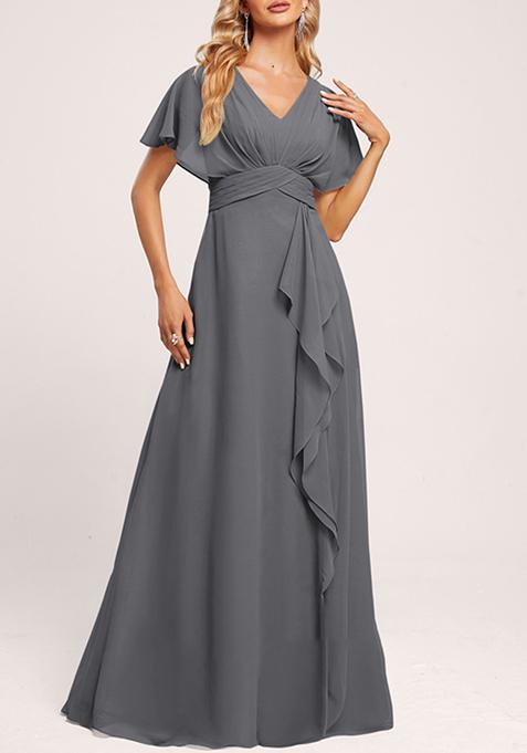 Steel Grey A-line V-Neck Floor-Length Georgette Gown