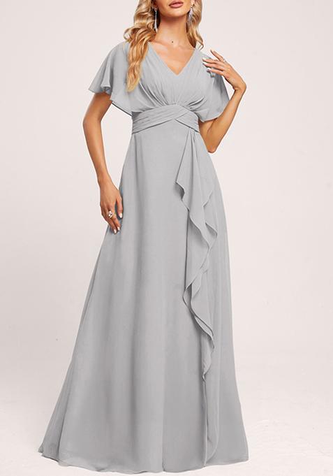 Silver A-line V-Neck Floor-Length Georgette Gown