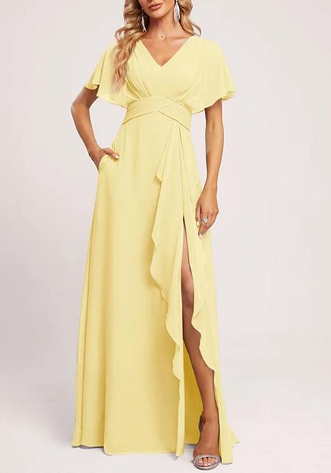 Yellow A-line V-Neck Floor-Length Georgette Gown