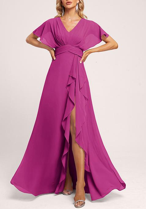 Fuchsia A-line V-Neck Floor-Length Georgette Gown