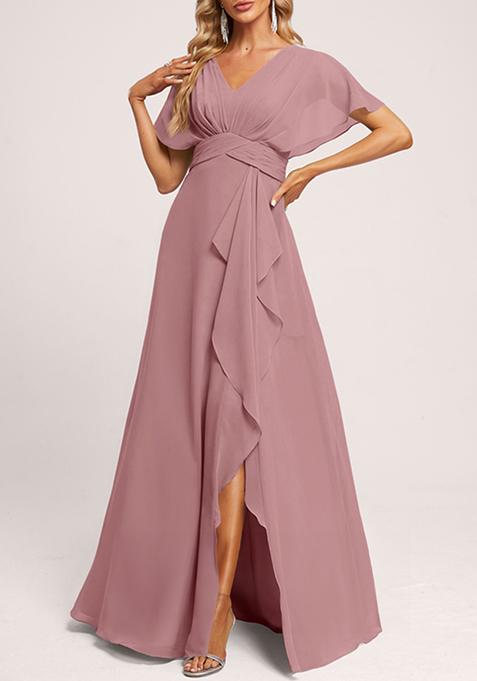 Mauve A-line V-Neck Floor-Length Georgette Gown