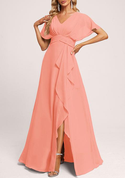 Coral A-line V-Neck Floor-Length Georgette Gown