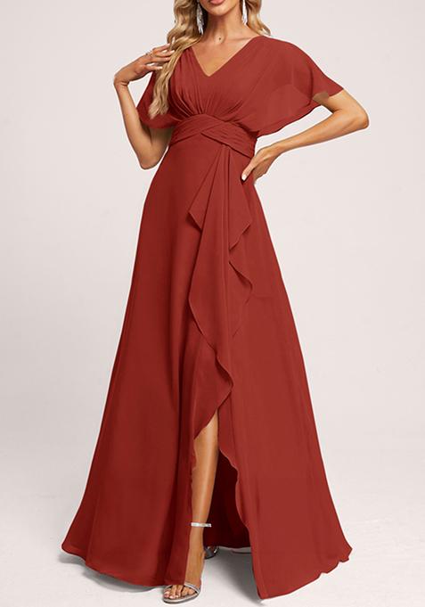 Watermelon Red A-line V-Neck Floor-Length Georgette Gown