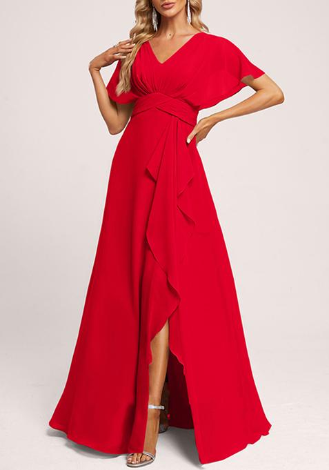 Red A-line V-Neck Floor-Length Georgette Gown