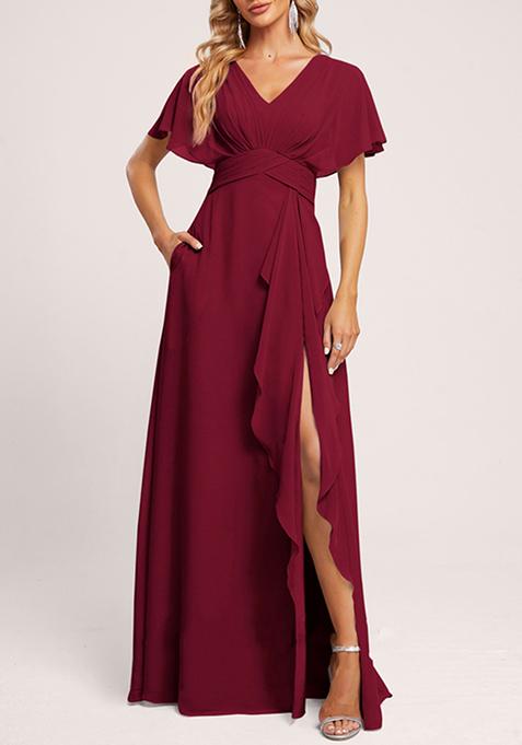 Burgundy A-line V-Neck Floor-Length Georgette Gown