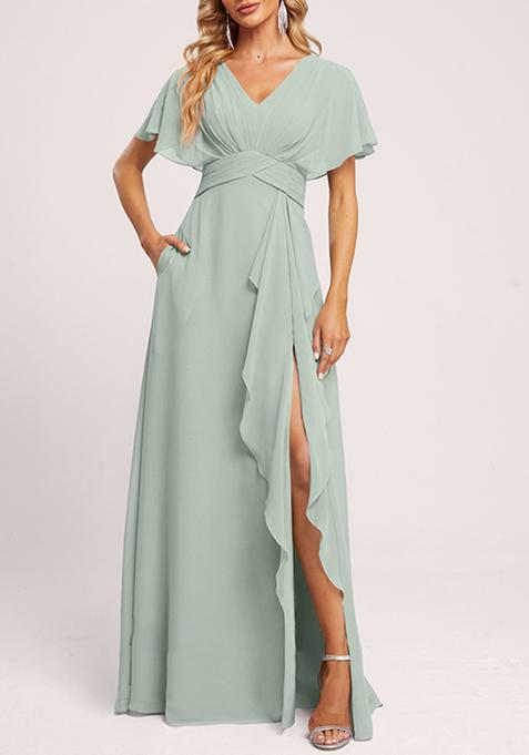 Green A-line V-Neck Floor-Length Georgette Gown