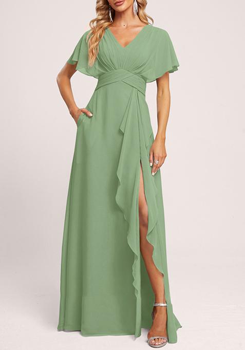 Basil Green A-line V-Neck Floor-Length Georgette Gown