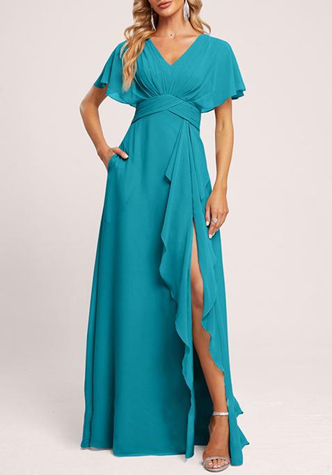 Blue A-line V-Neck Floor-Length Georgette Gown