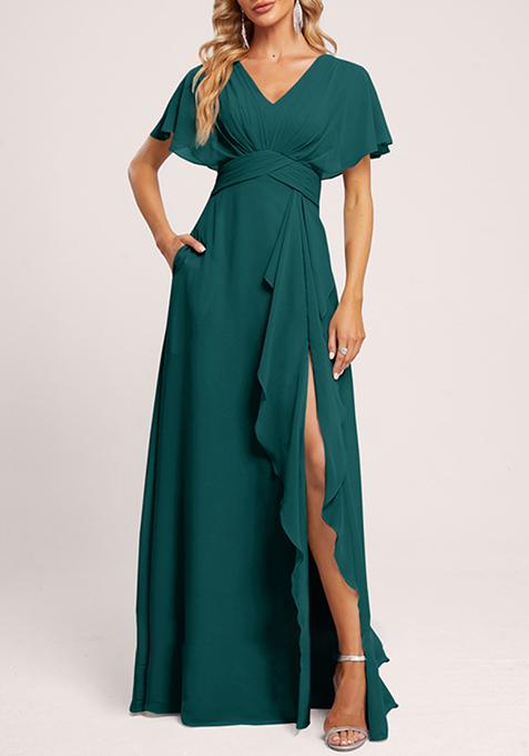 Dark Green A-line V-Neck Floor-Length Georgette Gown